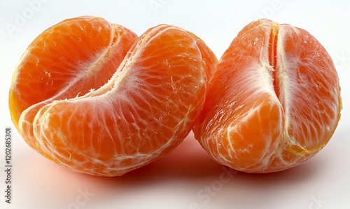 Two peeled mandarin segments, studio shot. Possible use food photography photo