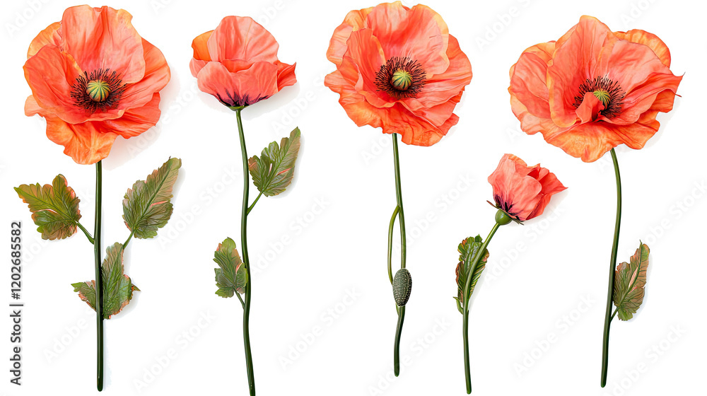 Fototapeta premium Set of Red Poppy Flowers Isolated on Transparent Background Generative AI