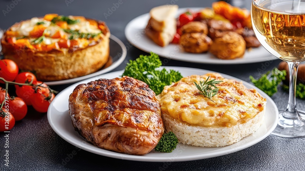 Grilled chicken, cheesy bread, and wine; delicious dinner setting