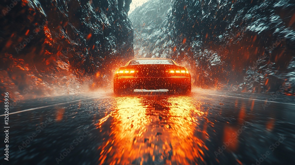 Naklejka premium Car drives on wet asphalt with fiery reflections between cliffs.