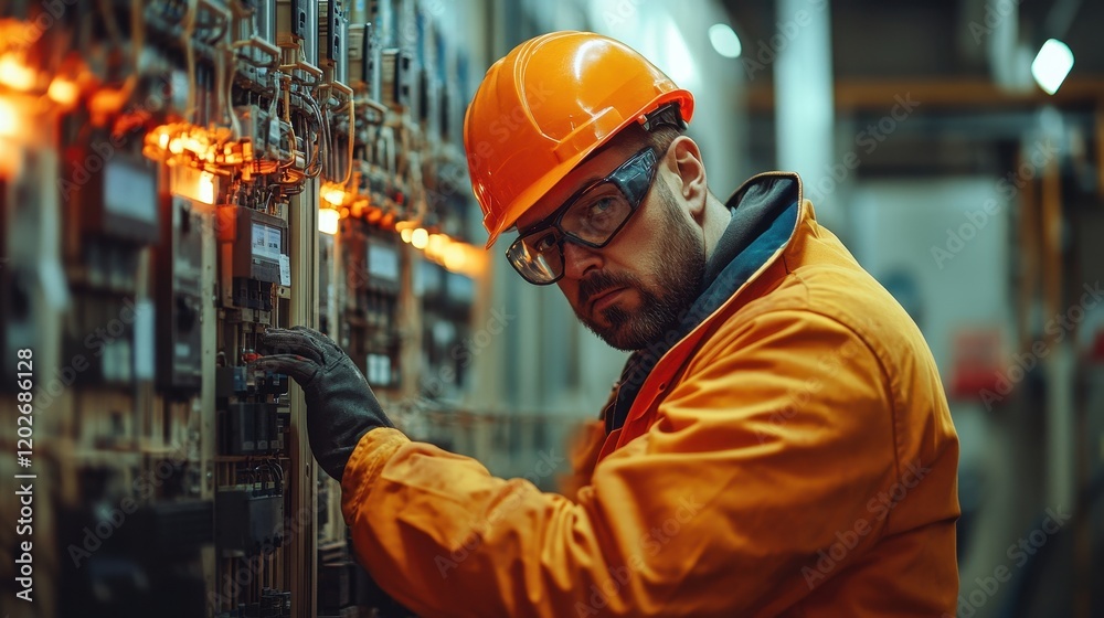 Electrician working on industrial electrical panel. Image depicts maintenance and repair work in a factory. Electrician working on industrial electrical panel. Image depicts maintenance and repair work in a factory.