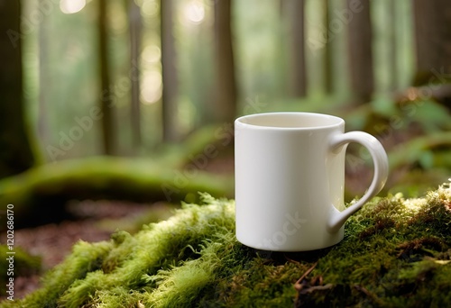 Blank white mug close up on nature background. photo