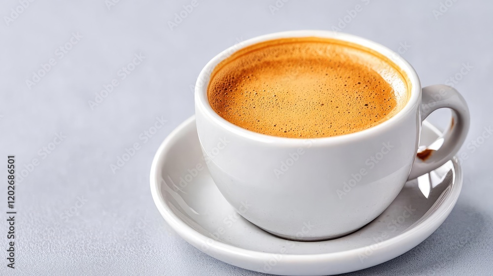 Espresso coffee cup on saucer, grey background, morning drink Espresso coffee cup on saucer, grey background, morning drink