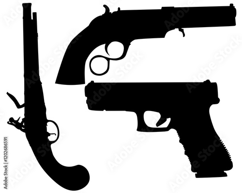 Military set of automatic guns, pistols and other weapons. Monochrome illustrations isolate. Automatic gun and rifle black white style