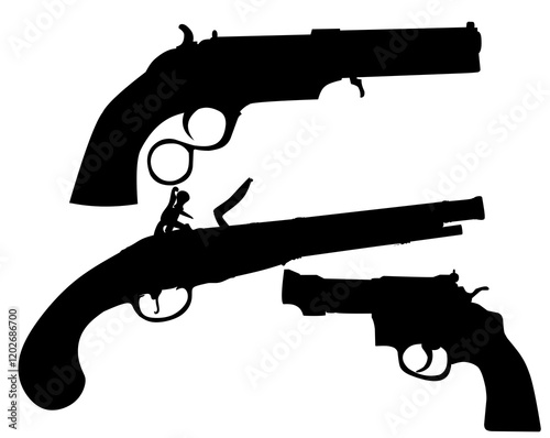 Military set of automatic guns, pistols and other weapons. Monochrome illustrations isolate. Automatic gun and rifle black white style