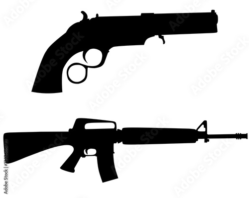 Military set of automatic guns, pistols and other weapons. Monochrome illustrations isolate. Automatic gun and rifle black white style