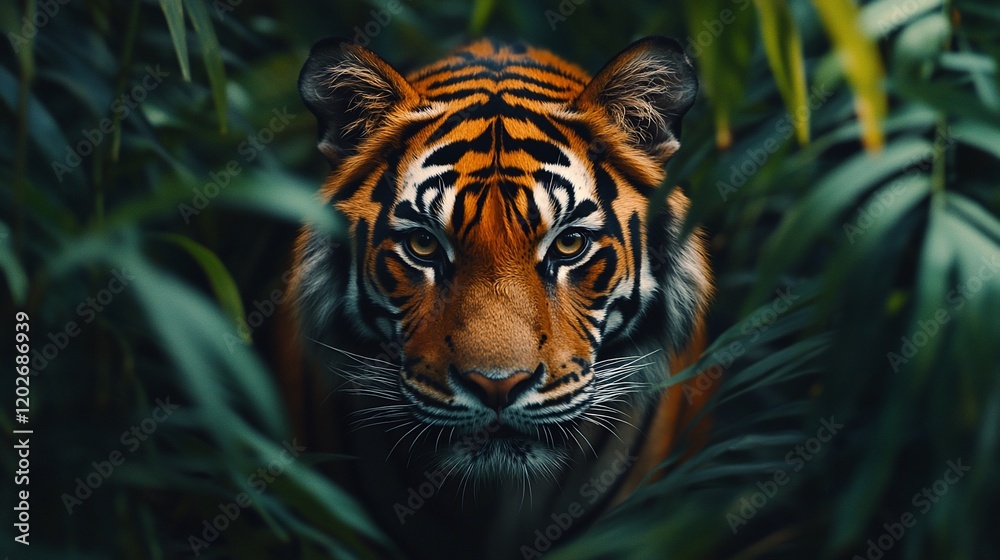 Tiger peering through jungle foliage Tiger peering through jungle foliage