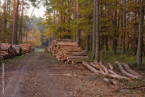 Stosy ściętych pni sosnowych w lesie w jesienny mglisty, pochmurny dzień. Świeżo ścięte (podczas jesiennej wycinki) pnie drzew czekające na wywóz z lasu. photo