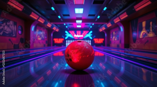 Vibrant bowling alley with neon lights and a red bowling ball in focus.