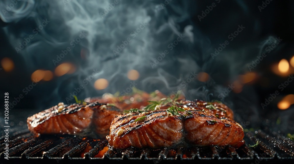 Two salmon fillets sizzling on a grill, emitting plumes of smoke from above and below Two salmon fillets sizzling on a grill, emitting plumes of smoke from above and below
