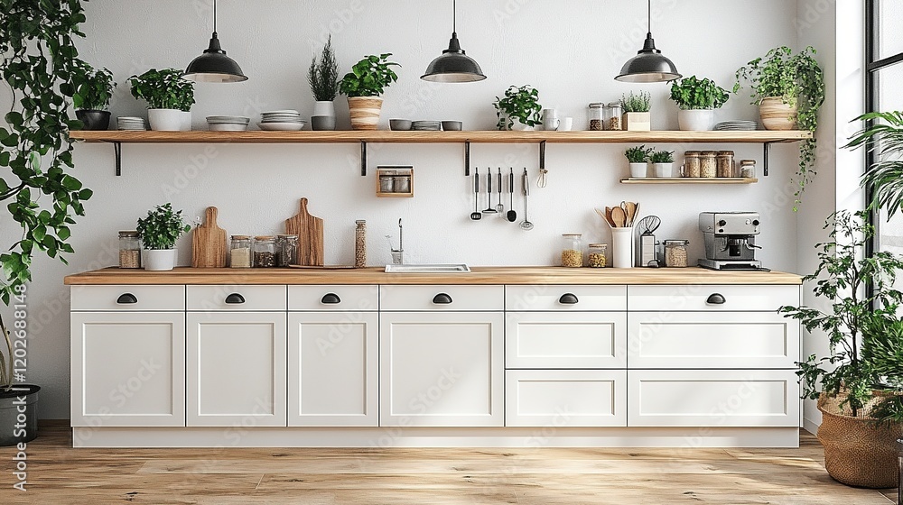 Modern kitchen with wooden shelves, plants, and appliances for cooking and dining. Modern kitchen with wooden shelves, plants, and appliances for cooking and dining.