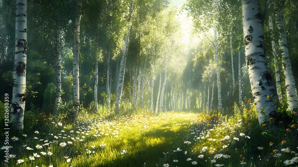 Fototapeta premium Sunlit Birch Forest Path With Wildflowers