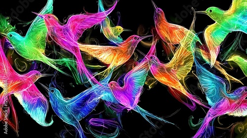 Colorful birds flying, vibrant art, dark background, fantasy illustration, ideal for textile design