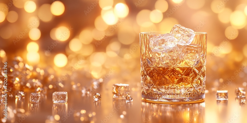 Whiskey with ice, festive background, drink, celebration Whiskey with ice, festive background, drink, celebration