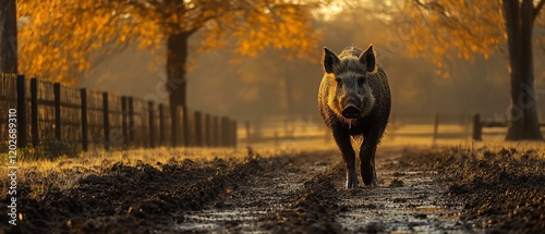 Wild boar in autumnal forest path photo