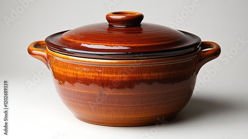 A glossy, brown ceramic pot with a lid, ideal for cooking and serving various dishes.