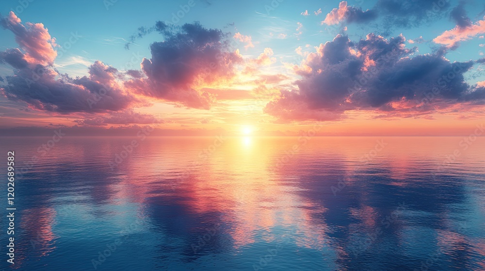 A serene sunset over calm waters, reflecting vibrant colors and clouds, creating a tranquil atmosphere. A serene sunset over calm waters, reflecting vibrant colors and clouds, creating a tranquil atmosphere.
