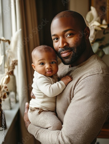 A father holding his baby in a playful pose, tender expression, warm indoor lighting, cozy nursery background, photo