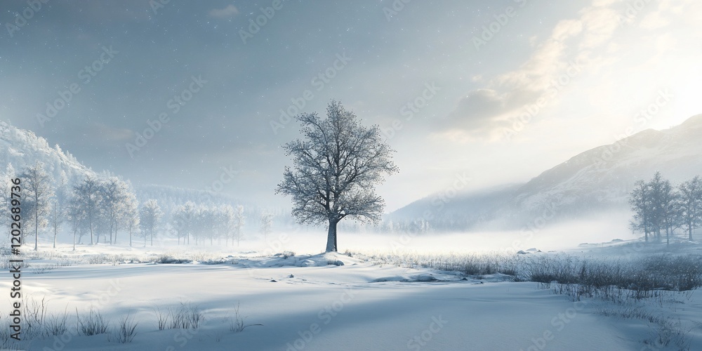 Winter landscape, snow-covered trees, serene morning, tranquil scene, stock photo Winter landscape, snow-covered trees, serene morning, tranquil scene, stock photo