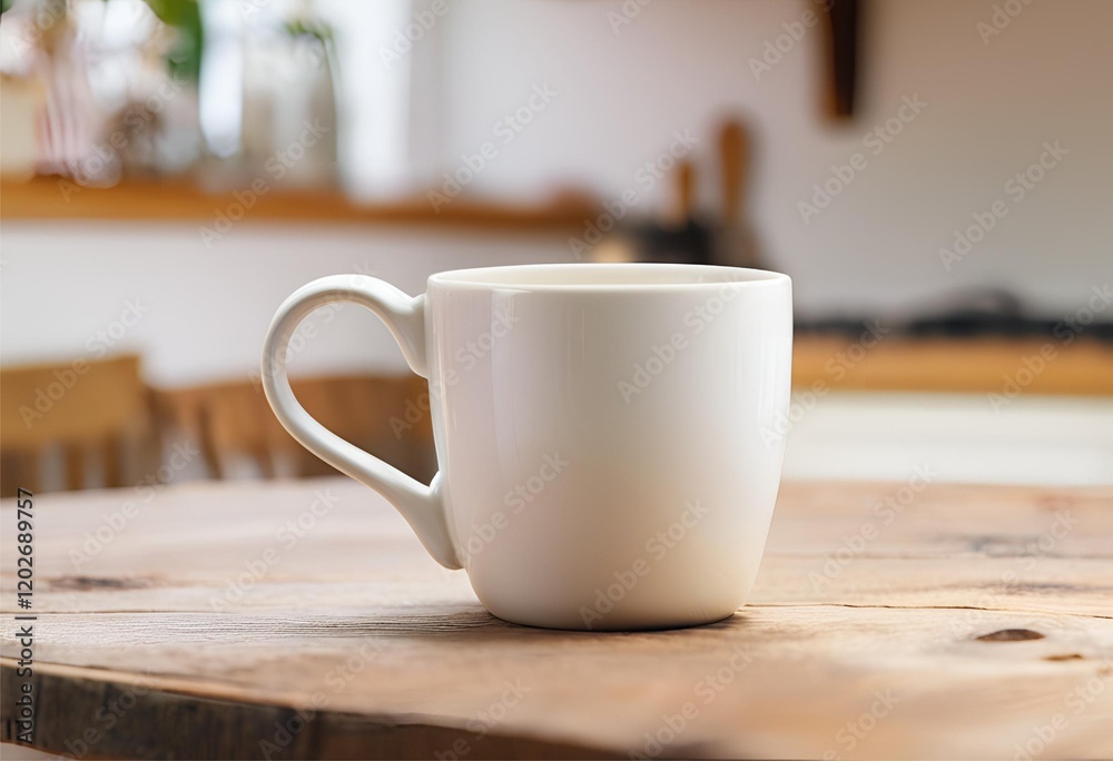 Blank white mug close up on nature background.