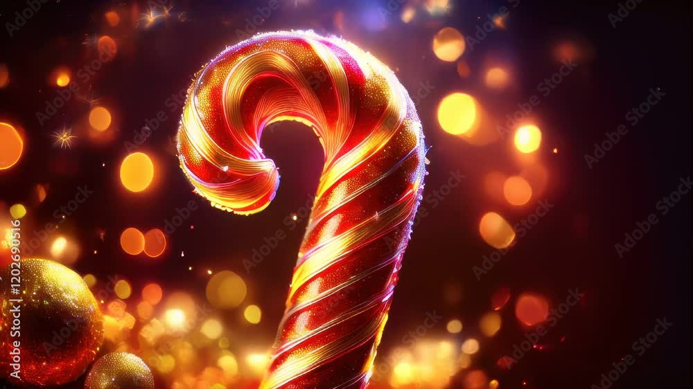Brightly colored candy cane with a swirly top and a red tail
