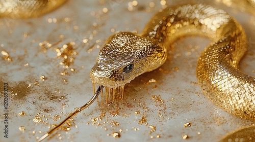   Close-up image of a gold snake resting on a white background The snake has gold decorations on its head photo