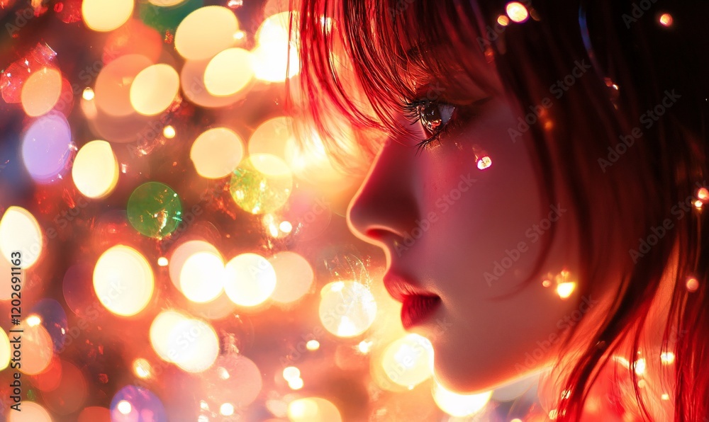 Woman profile, colorful bokeh background, festive Woman profile, colorful bokeh background, festive