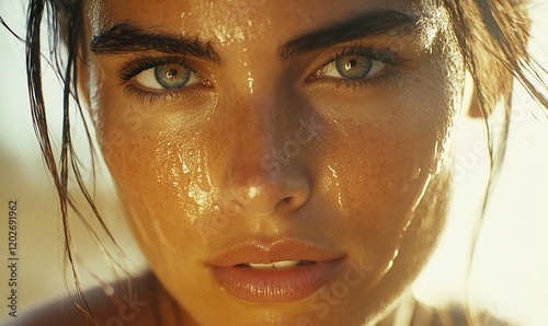 Woman's sweaty face, close-up, outdoors, fitness, possible use in wellness, health & beauty photo