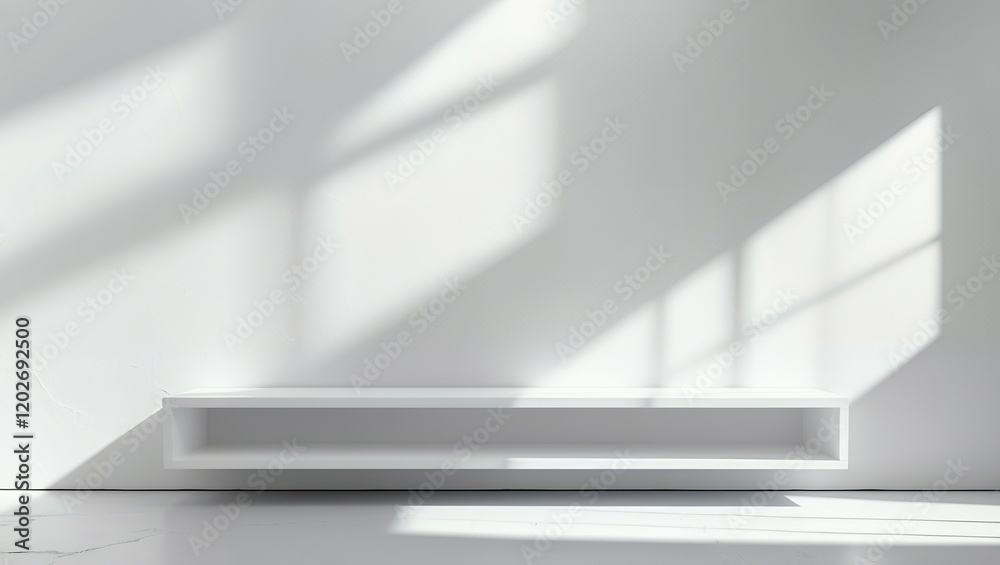 Obraz premium Front view of empty shelf on white table showcase and wall background with natural window light. Display of backdrop shelves for showing minimal concept. Realistic