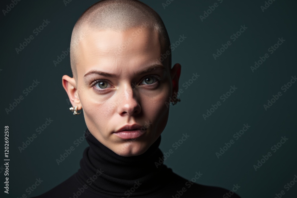 Striking Portrait of a Confident Bald Woman in a Turtleneck, Highlighting Unique Facial Features and Modern Fashion in Studio Lighting Striking Portrait of a Confident Bald Woman in a Turtleneck, Highlighting Unique Facial Features and Modern Fashion in Studio Lighting