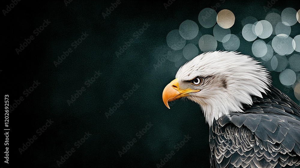 Fototapeta premium A close-up of a bald eagle on a black background with a blurry boke and lights in the background