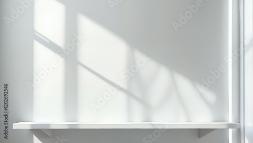 Front view of empty shelf on white table showcase and wall background with natural window light. Display of backdrop shelves for showing minimal concept. Realistic