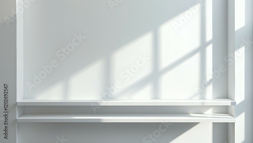 Front view of empty shelf on white table showcase and wall background with natural window light. Display of backdrop shelves for showing minimal concept. Realistic