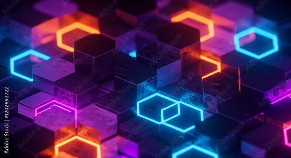 Obraz premium Abstract Neon Hexagon Pattern Vibrant 3D Cubes with Glowing Edges and Geometric Design