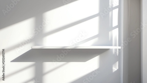 Front view of empty shelf on white table showcase and wall background with natural window light. Display of backdrop shelves for showing minimal concept. Realistic