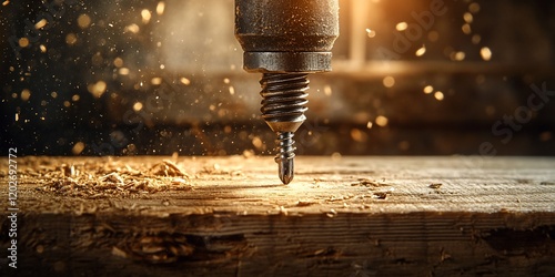 Woodworking drill bit, sawdust, craftsmanship photo