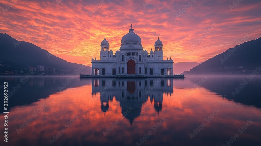 Obraz premium Sunrise over lake temple, mountain mist, reflection