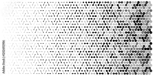 Connection dot vector pattern. Abstract geometric halftone pixel grid texture. Comic design seamless metaball circle effect. Gray tone fade gradient shape size and transparency. Tech angular mosaic