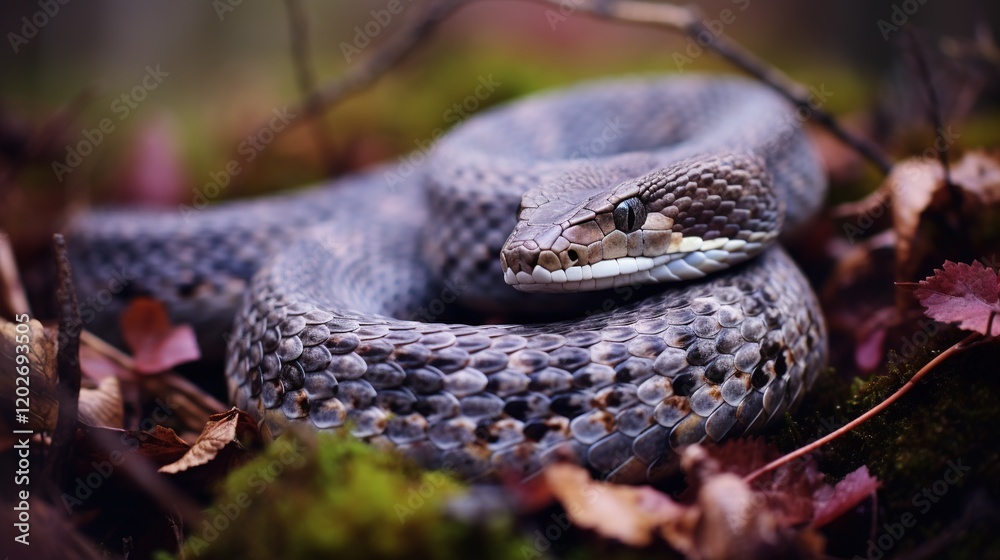 Fototapeta premium A close-up image of a snake lying on the ground among leaves, with a tree branch visible behind it
