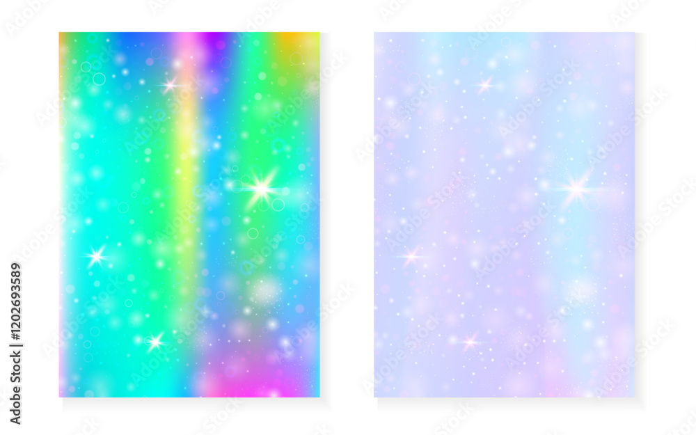 Magic background with princess rainbow gradient. Kawaii unicorn hologram.