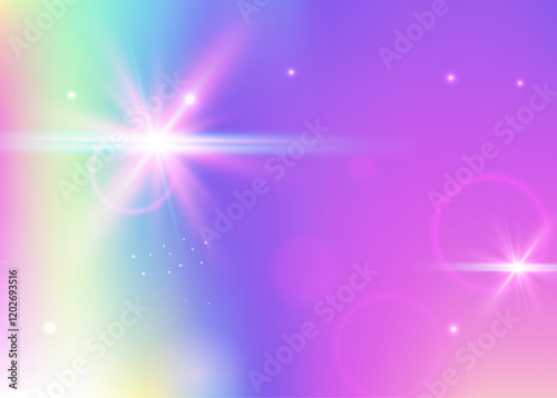 Magic Invitation. Pink Unicorn Pattern. Kawaii Hologram. Iridescent Cosmic Effect. Purple Pastel Background. Lilac Magical Gradient. Rainbow Glitter. Stars Magic Invitation.