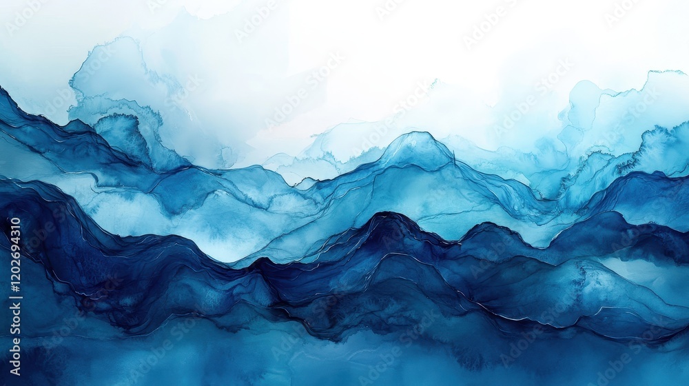 Fototapeta premium Abstract blue ink mountainscape, fluid art. Ideal for websites, calming backgrounds, and artistic projects needing a serene, dreamy aesthetic.