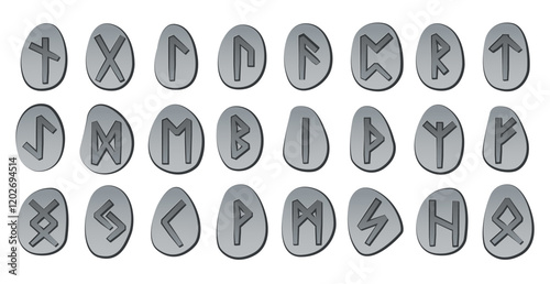 Runes set. Rune alphabet, futhark. Writing ancient Germans and Scandinavians. Mystical symbols. Esoteric, occult, magic. Fortune telling, predicting the future. Isolated. Vector illustration