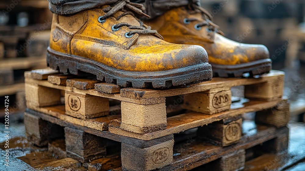 A pair of worn yellow work boots resting on wooden pallets, showcasing ruggedness and industrial setting. A pair of worn yellow work boots resting on wooden pallets, showcasing ruggedness and industrial setting.