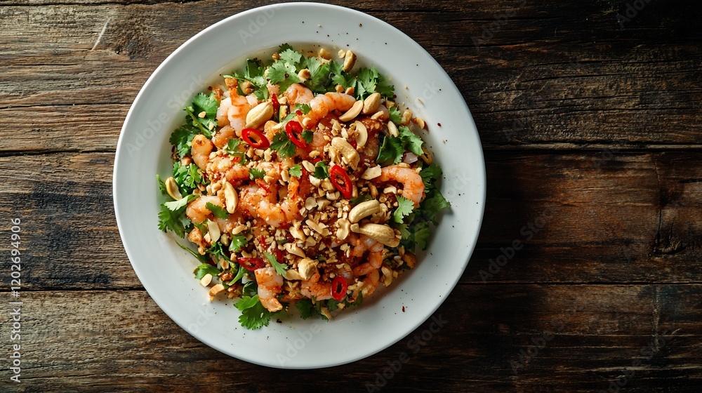 Shrimp salad with nuts, cilantro, overhead Shrimp salad with nuts, cilantro, overhead