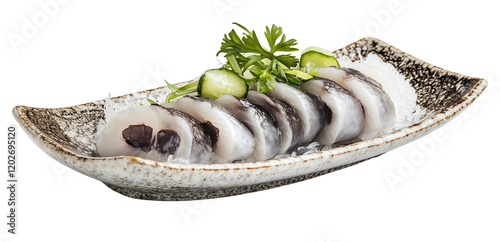 Fugu Sashimi in Elegant Dish Isolated on Transparent Background, Generative AI Image photo