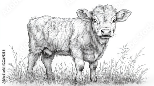 A detailed illustration of a calf standing in grass, showcasing its features and texture.