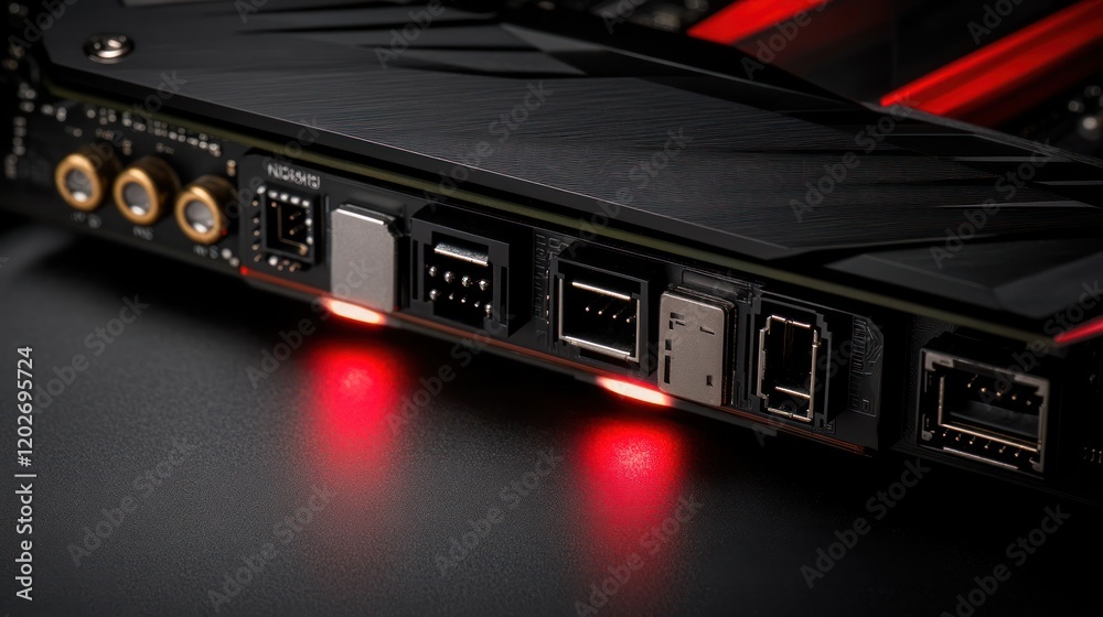 Close-up of a High-End Sound Card with Illuminated Ports Close-up of a High-End Sound Card with Illuminated Ports
