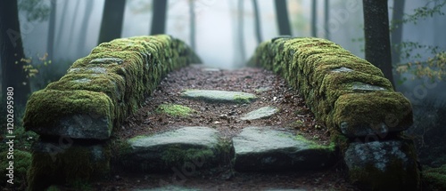 A moss-covered stone bridge in a misty forest creates a mystical and ancient ambiance. photo