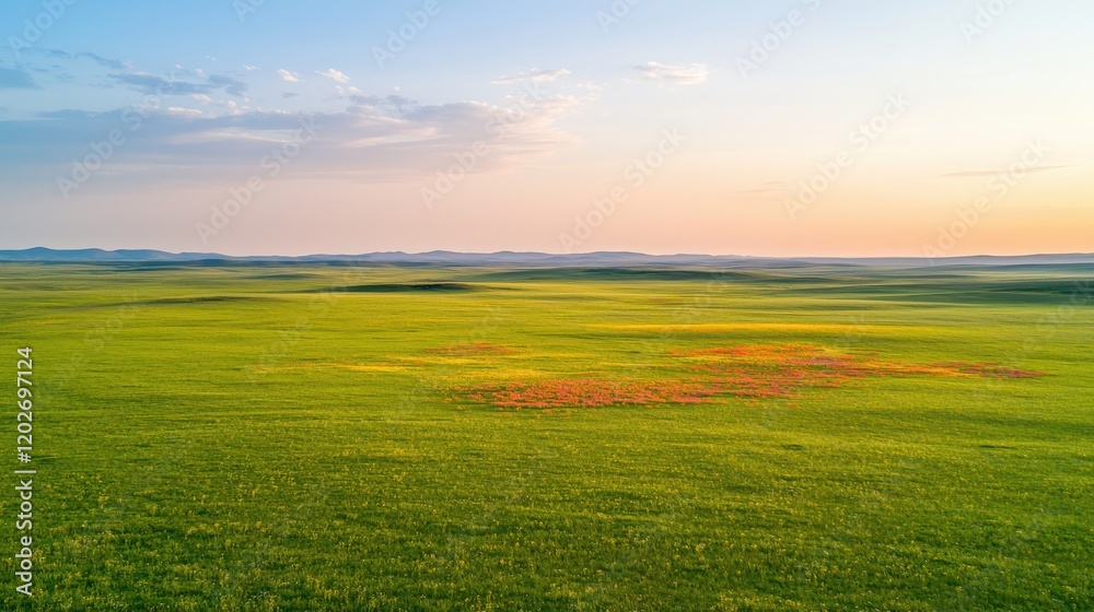A serene landscape featuring expansive green fields under a colorful sky at dusk, evoking a sense of tranquility and natural beauty. A serene landscape featuring expansive green fields under a colorful sky at dusk, evoking a sense of tranquility and natural beauty.